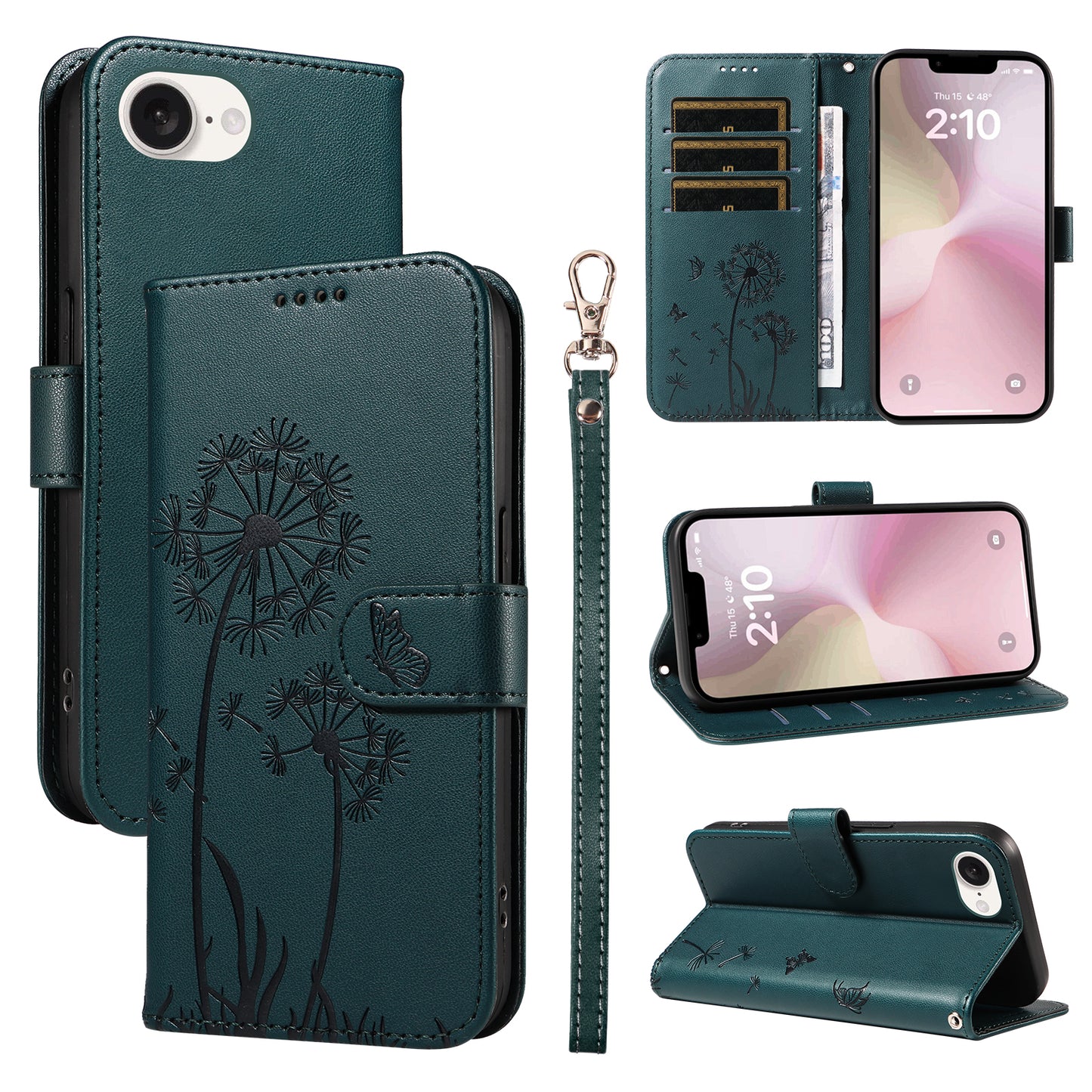 For iPhone 17e / 16e Leather Wallet Case with Strap Dandelion Imprint Phone Stand Cover