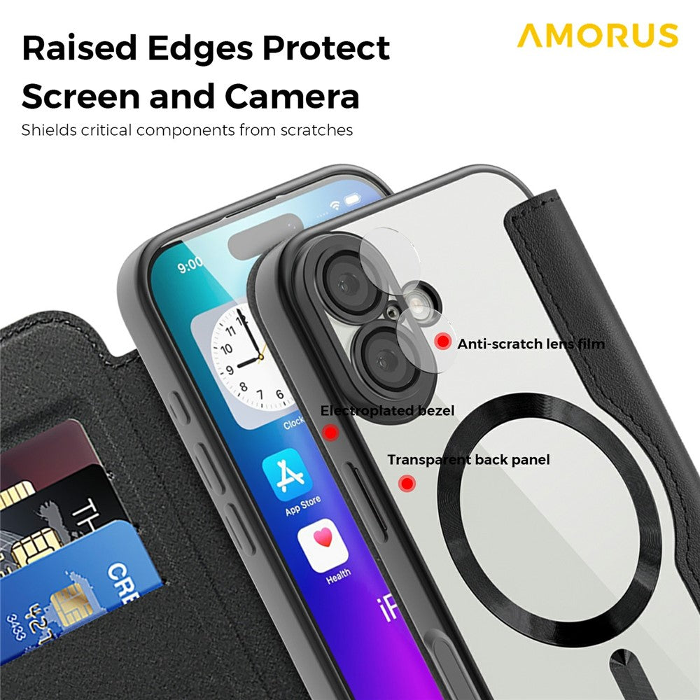 AMORUS For iPhone 17 Case Compatible with MagSafe RFID Blocking Card Holder Leather Phone Cover
