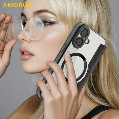 AMORUS For iPhone 17 Case Compatible with MagSafe RFID Blocking Card Holder Leather Phone Cover
