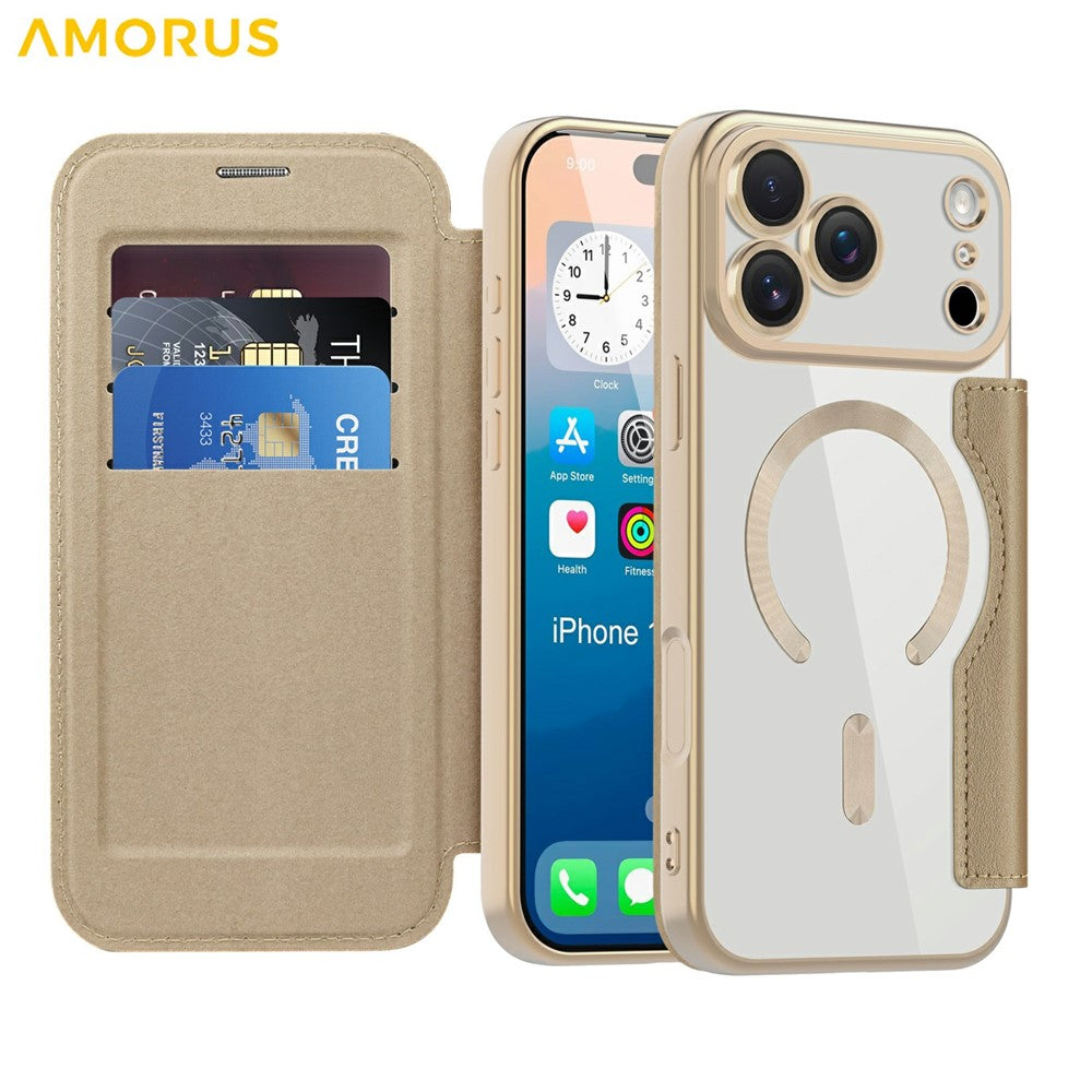AMORUS For iPhone 17 Pro Case Compatible with MagSafe RFID Blocking Card Holder Leather Phone Cover