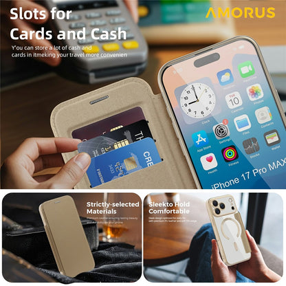 AMORUS For iPhone 17 Pro Case Compatible with MagSafe RFID Blocking Card Holder Leather Phone Cover