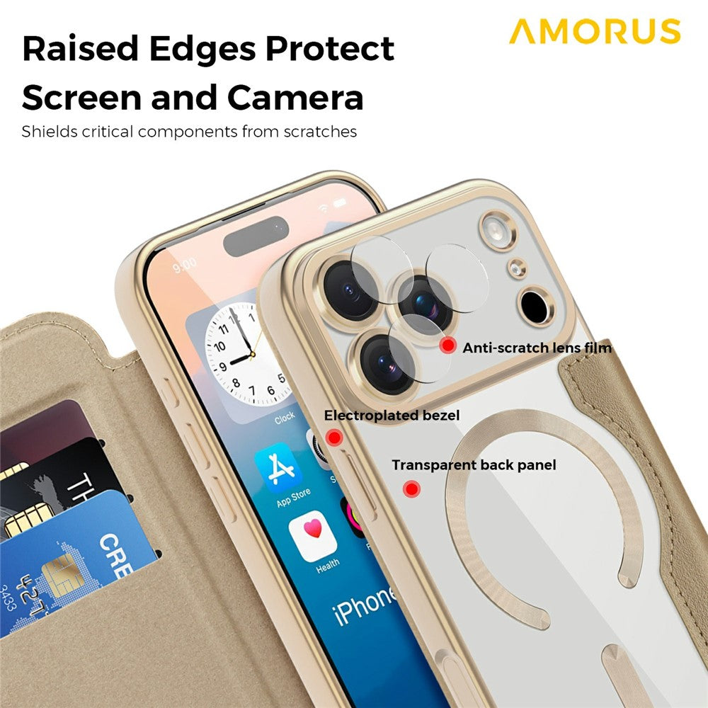 AMORUS For iPhone 17 Pro Case Compatible with MagSafe RFID Blocking Card Holder Leather Phone Cover