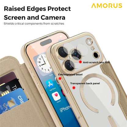 AMORUS For iPhone 17 Pro Case Compatible with MagSafe RFID Blocking Card Holder Leather Phone Cover