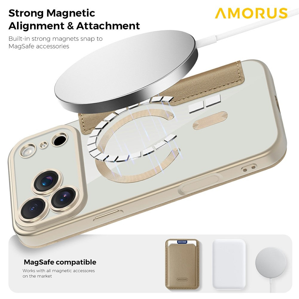 AMORUS For iPhone 17 Pro Case Compatible with MagSafe RFID Blocking Card Holder Leather Phone Cover