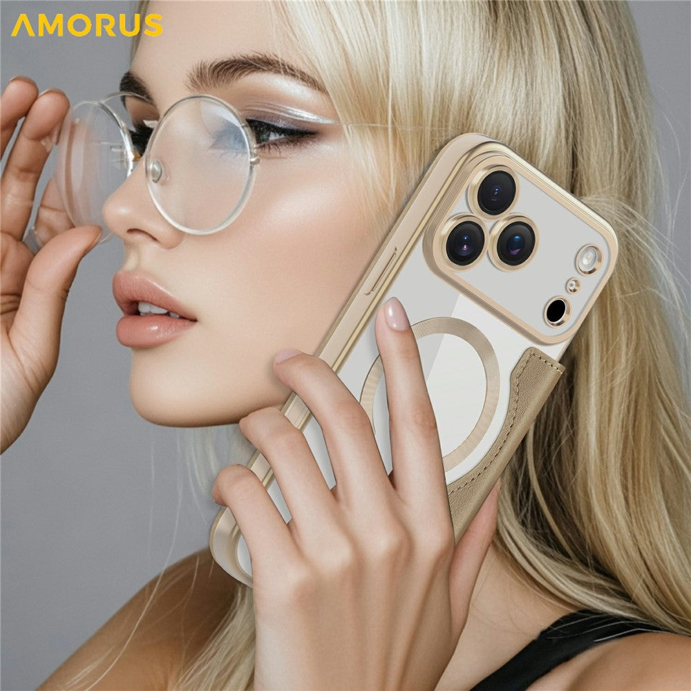 AMORUS For iPhone 17 Pro Case Compatible with MagSafe RFID Blocking Card Holder Leather Phone Cover