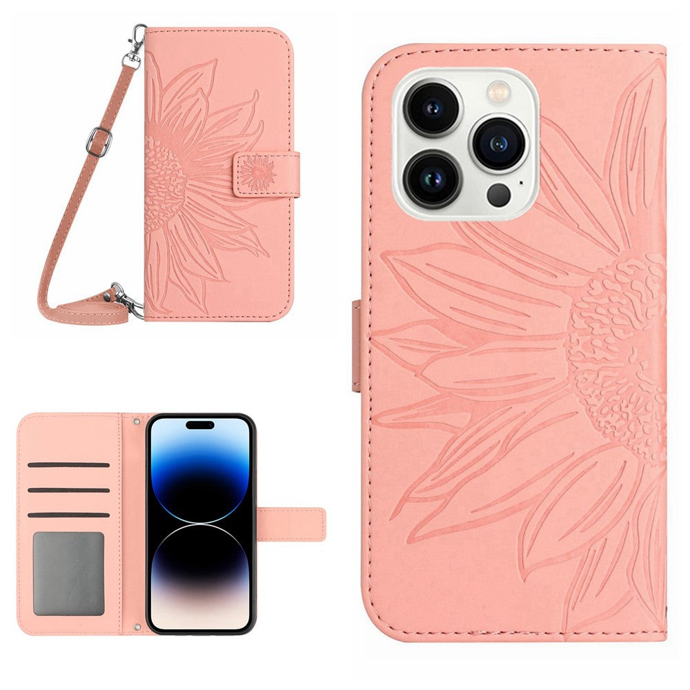 For iPhone 14 Pro Max HT04 Shockproof Phone Case Imprinted Sunflower Skin-touch PU Leather Stand Wallet Cover Protector with Shoulder Strap