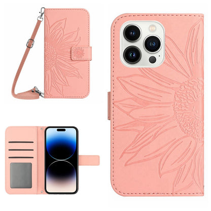 For iPhone 14 Pro Max HT04 Shockproof Phone Case Imprinted Sunflower Skin-touch PU Leather Stand Wallet Cover Protector with Shoulder Strap