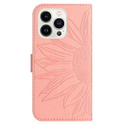 For iPhone 14 Pro Max HT04 Shockproof Phone Case Imprinted Sunflower Skin-touch PU Leather Stand Wallet Cover Protector with Shoulder Strap