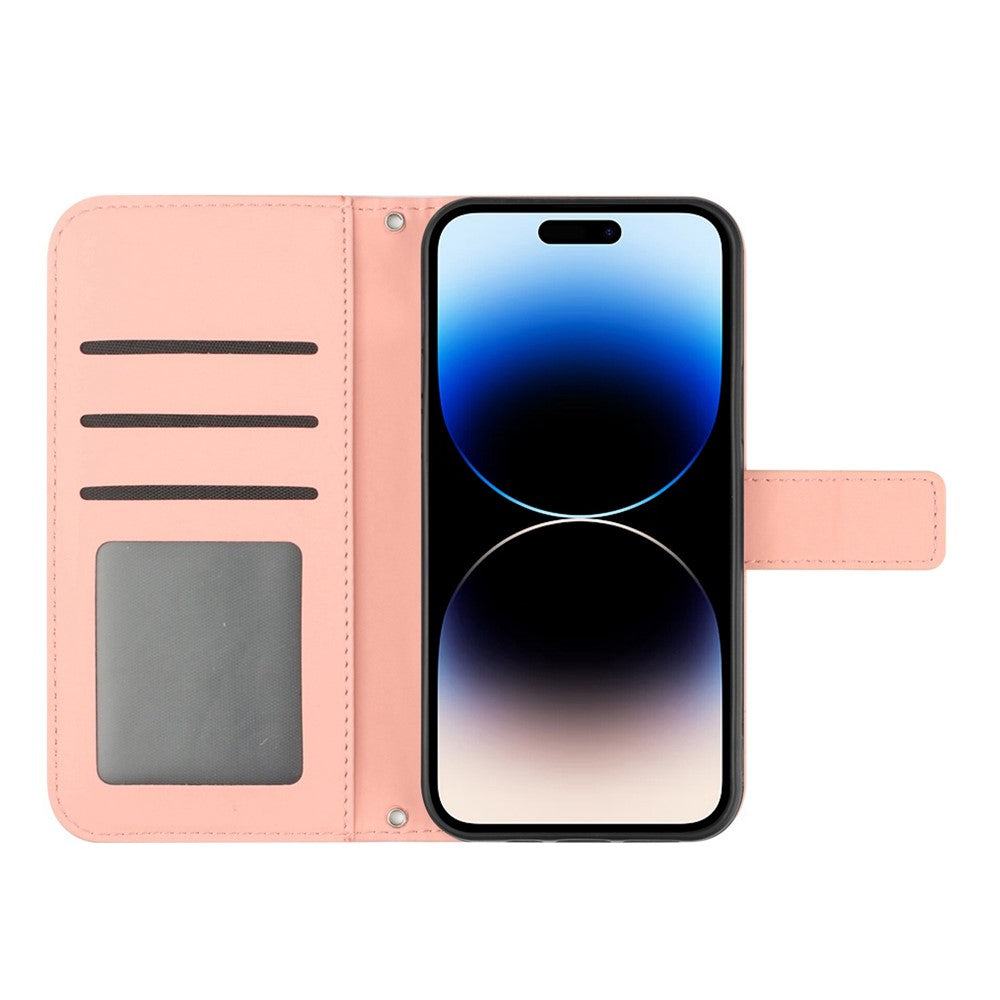 For iPhone 14 Pro Max HT04 Shockproof Phone Case Imprinted Sunflower Skin-touch PU Leather Stand Wallet Cover Protector with Shoulder Strap