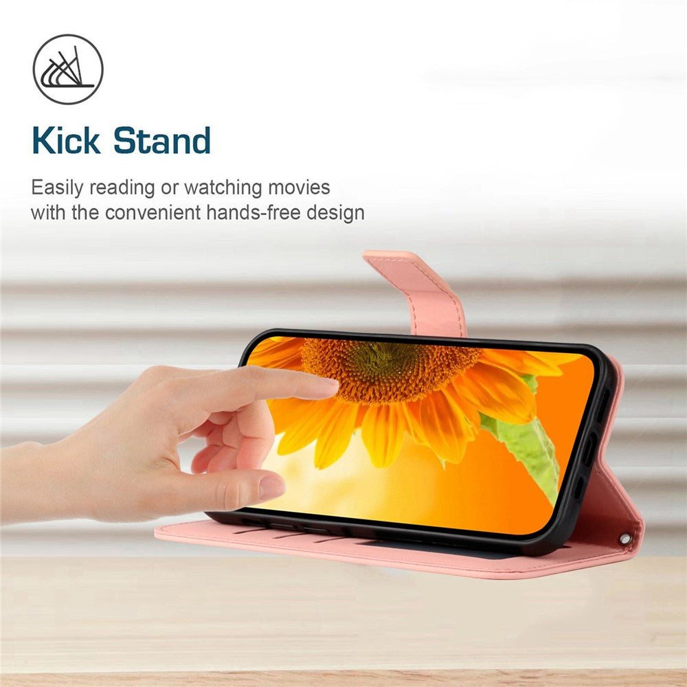 For iPhone 14 Pro Max HT04 Shockproof Phone Case Imprinted Sunflower Skin-touch PU Leather Stand Wallet Cover Protector with Shoulder Strap