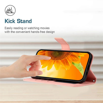 For iPhone 14 Pro Max HT04 Shockproof Phone Case Imprinted Sunflower Skin-touch PU Leather Stand Wallet Cover Protector with Shoulder Strap
