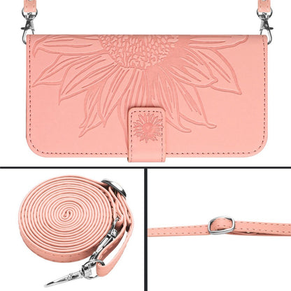 For iPhone 14 Pro Max HT04 Shockproof Phone Case Imprinted Sunflower Skin-touch PU Leather Stand Wallet Cover Protector with Shoulder Strap