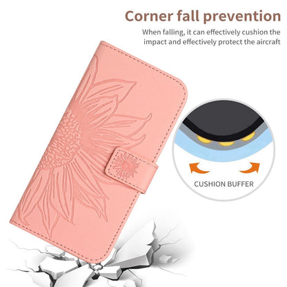 For iPhone 14 Pro Max HT04 Shockproof Phone Case Imprinted Sunflower Skin-touch PU Leather Stand Wallet Cover Protector with Shoulder Strap
