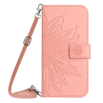 For iPhone 14 Pro Max HT04 Shockproof Phone Case Imprinted Sunflower Skin-touch PU Leather Stand Wallet Cover Protector with Shoulder Strap