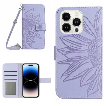 For iPhone 14 Pro Max HT04 Shockproof Phone Case Imprinted Sunflower Skin-touch PU Leather Stand Wallet Cover Protector with Shoulder Strap