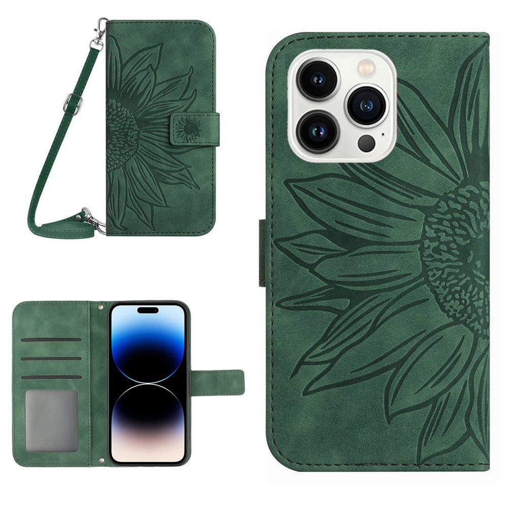 For iPhone 14 Pro Max HT04 Shockproof Phone Case Imprinted Sunflower Skin-touch PU Leather Stand Wallet Cover Protector with Shoulder Strap