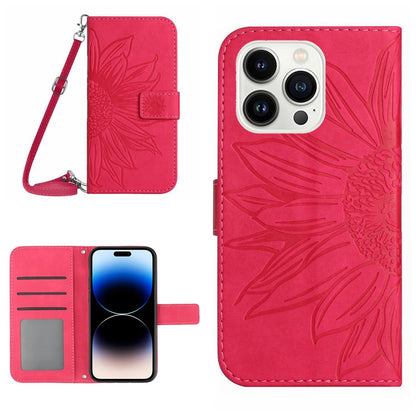 For iPhone 14 Pro Max HT04 Shockproof Phone Case Imprinted Sunflower Skin-touch PU Leather Stand Wallet Cover Protector with Shoulder Strap