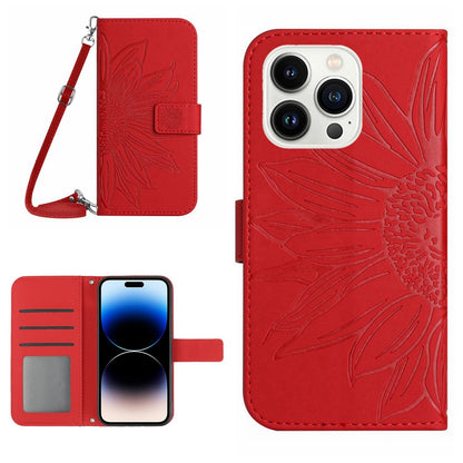 For iPhone 14 Pro Max HT04 Shockproof Phone Case Imprinted Sunflower Skin-touch PU Leather Stand Wallet Cover Protector with Shoulder Strap