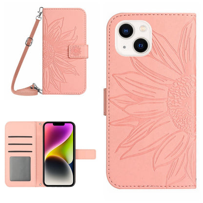 For iPhone 14 Plus HT04 Skin-touch PU Leather Stand Case Imprinted Sunflower Full Protection Phone Wallet Cover with Shoulder Strap