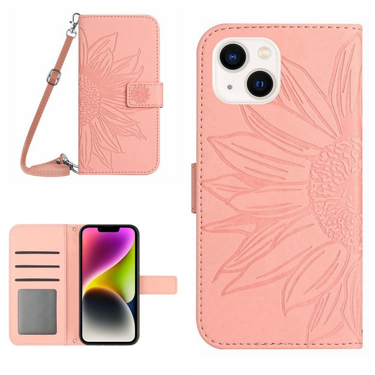 For iPhone 14 Plus HT04 Skin-touch PU Leather Stand Case Imprinted Sunflower Full Protection Phone Wallet Cover with Shoulder Strap