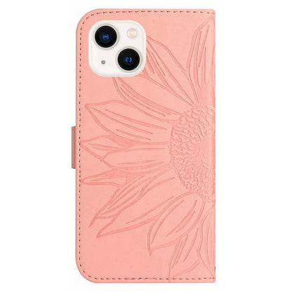 For iPhone 14 Plus HT04 Skin-touch PU Leather Stand Case Imprinted Sunflower Full Protection Phone Wallet Cover with Shoulder Strap