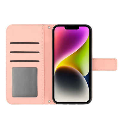For iPhone 14 Plus HT04 Skin-touch PU Leather Stand Case Imprinted Sunflower Full Protection Phone Wallet Cover with Shoulder Strap