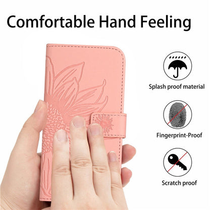 For iPhone 14 Plus HT04 Skin-touch PU Leather Stand Case Imprinted Sunflower Full Protection Phone Wallet Cover with Shoulder Strap
