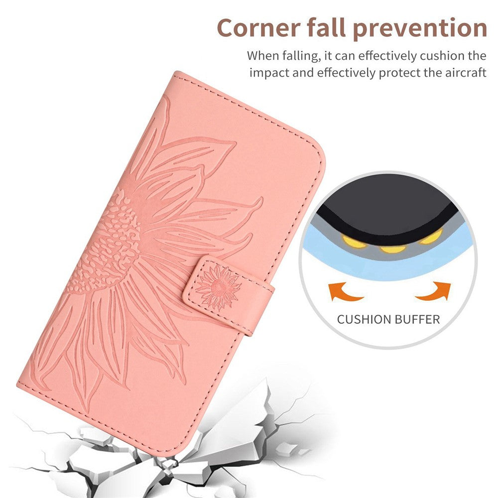 For iPhone 14 Plus HT04 Skin-touch PU Leather Stand Case Imprinted Sunflower Full Protection Phone Wallet Cover with Shoulder Strap