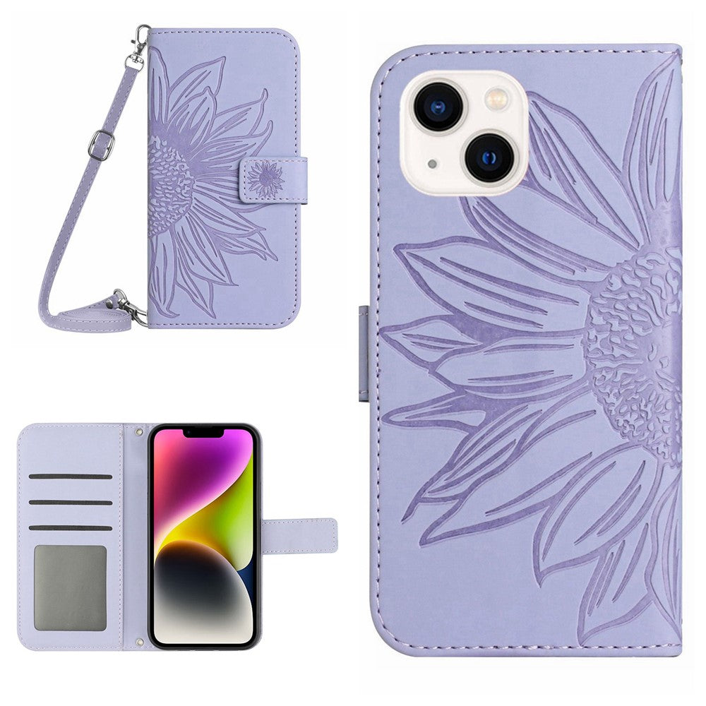 For iPhone 14 Plus HT04 Skin-touch PU Leather Stand Case Imprinted Sunflower Full Protection Phone Wallet Cover with Shoulder Strap