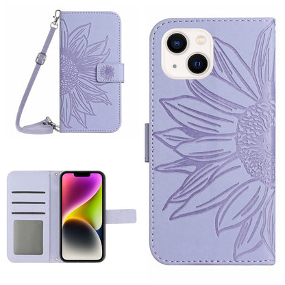 For iPhone 14 Plus HT04 Skin-touch PU Leather Stand Case Imprinted Sunflower Full Protection Phone Wallet Cover with Shoulder Strap
