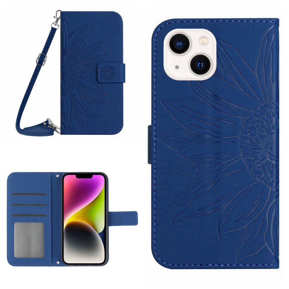 For iPhone 14 Plus HT04 Skin-touch PU Leather Stand Case Imprinted Sunflower Full Protection Phone Wallet Cover with Shoulder Strap