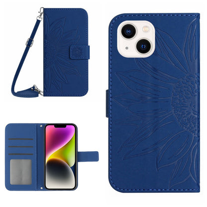 For iPhone 14 Plus HT04 Skin-touch PU Leather Stand Case Imprinted Sunflower Full Protection Phone Wallet Cover with Shoulder Strap