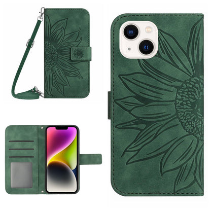 For iPhone 14 Plus HT04 Skin-touch PU Leather Stand Case Imprinted Sunflower Full Protection Phone Wallet Cover with Shoulder Strap