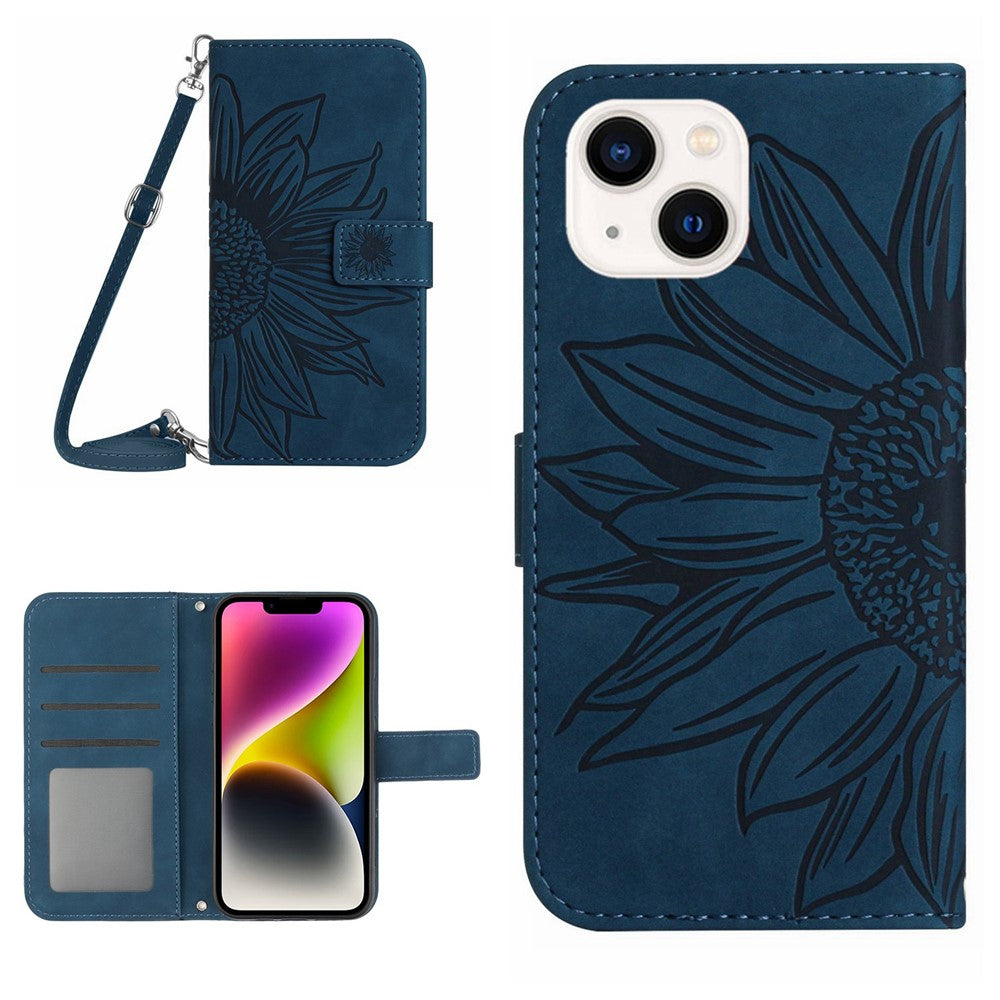 For iPhone 14 Plus HT04 Skin-touch PU Leather Stand Case Imprinted Sunflower Full Protection Phone Wallet Cover with Shoulder Strap