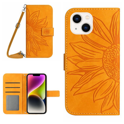 For iPhone 14 Plus HT04 Skin-touch PU Leather Stand Case Imprinted Sunflower Full Protection Phone Wallet Cover with Shoulder Strap