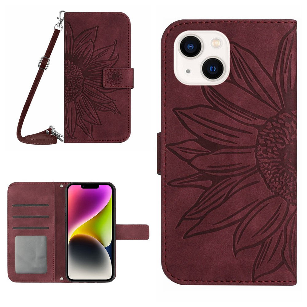 For iPhone 14 Plus HT04 Skin-touch PU Leather Stand Case Imprinted Sunflower Full Protection Phone Wallet Cover with Shoulder Strap
