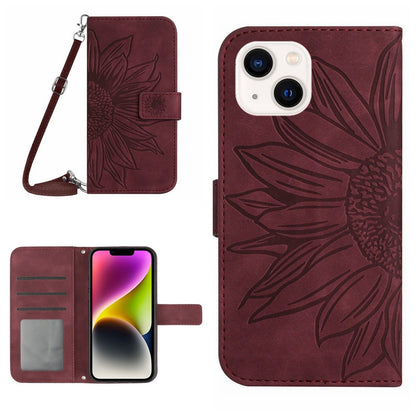 For iPhone 14 Plus HT04 Skin-touch PU Leather Stand Case Imprinted Sunflower Full Protection Phone Wallet Cover with Shoulder Strap
