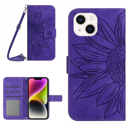 For iPhone 14 Plus HT04 Skin-touch PU Leather Stand Case Imprinted Sunflower Full Protection Phone Wallet Cover with Shoulder Strap