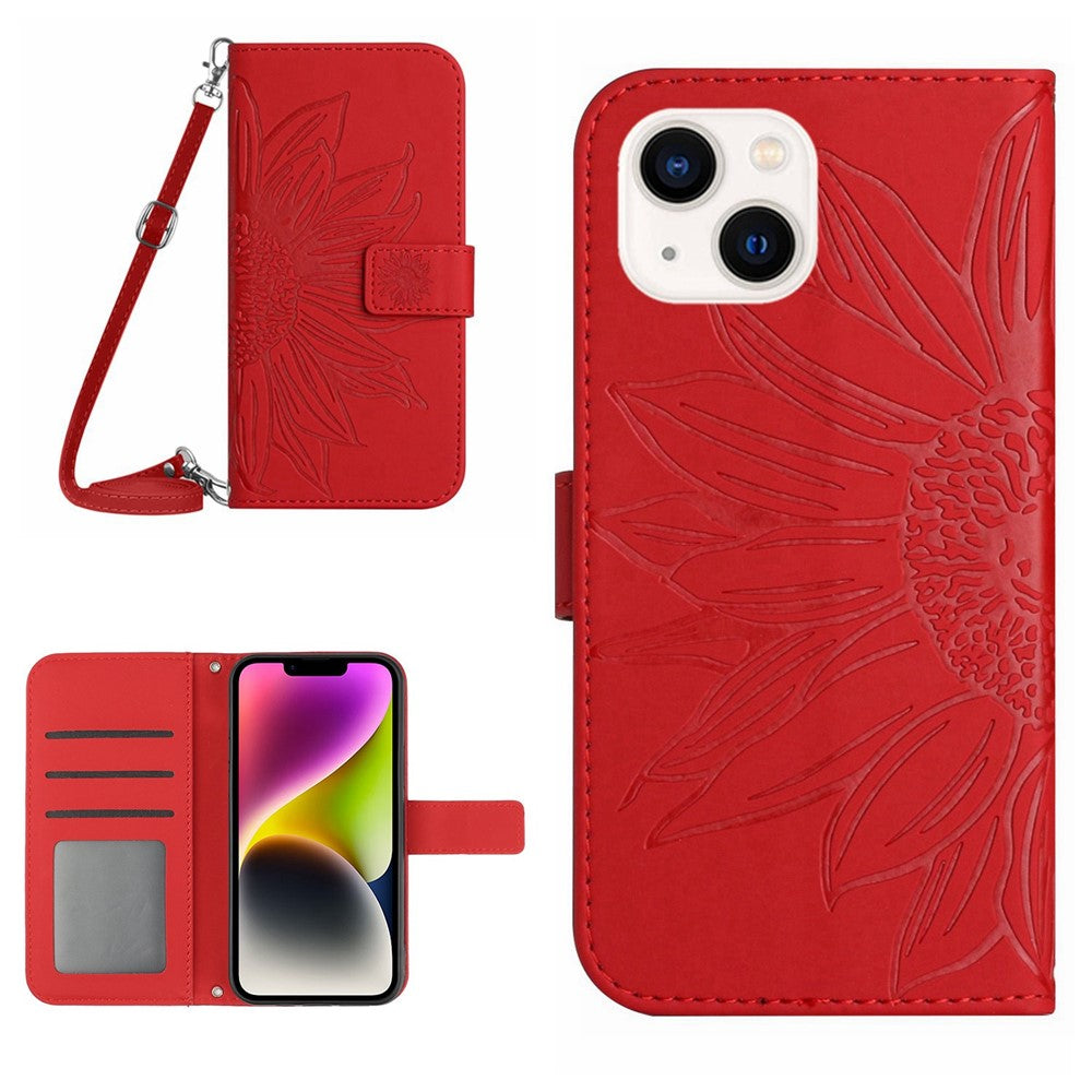 For iPhone 14 Plus HT04 Skin-touch PU Leather Stand Case Imprinted Sunflower Full Protection Phone Wallet Cover with Shoulder Strap