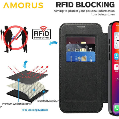 AMORUS For iPhone 16 Case Compatible with MagSafe RFID Blocking Card Holder Leather Phone Cover
