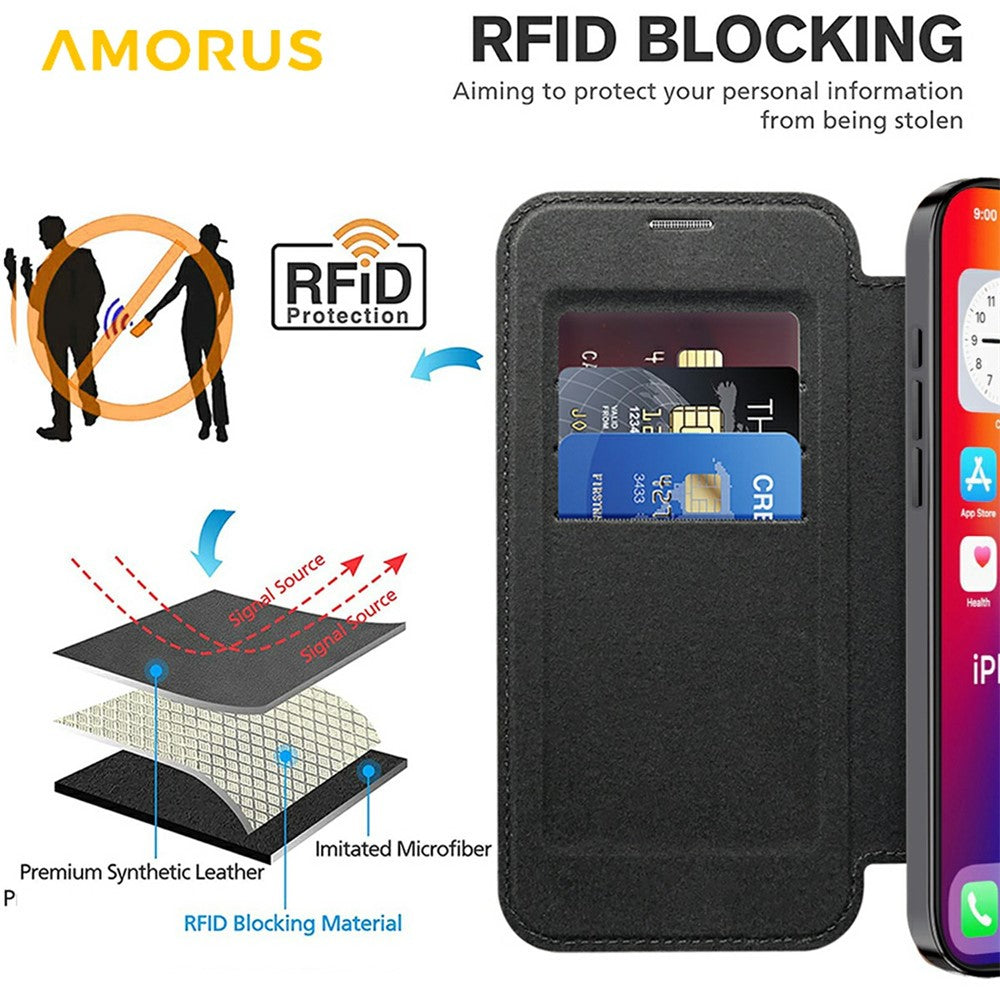AMORUS For iPhone 16 Pro Case Compatible with MagSafe RFID Blocking Card Holder Leather Phone Cover