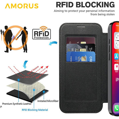 AMORUS For iPhone 16 Pro Case Compatible with MagSafe RFID Blocking Card Holder Leather Phone Cover