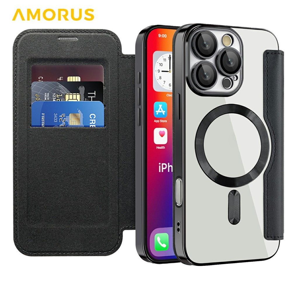 AMORUS For iPhone 16 Pro Max Case Compatible with MagSafe RFID Blocking Card Holder Leather Phone Cover
