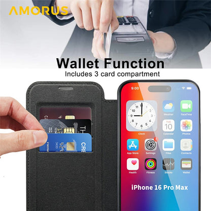 AMORUS For iPhone 16 Pro Max Case Compatible with MagSafe RFID Blocking Card Holder Leather Phone Cover