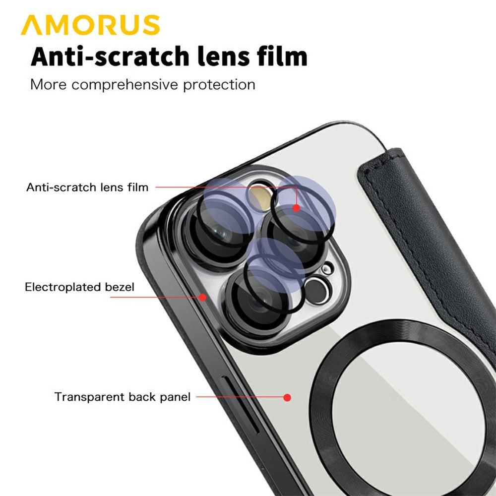 AMORUS For iPhone 16 Pro Max Case Compatible with MagSafe RFID Blocking Card Holder Leather Phone Cover