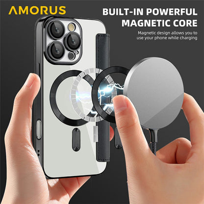 AMORUS For iPhone 16 Pro Max Case Compatible with MagSafe RFID Blocking Card Holder Leather Phone Cover