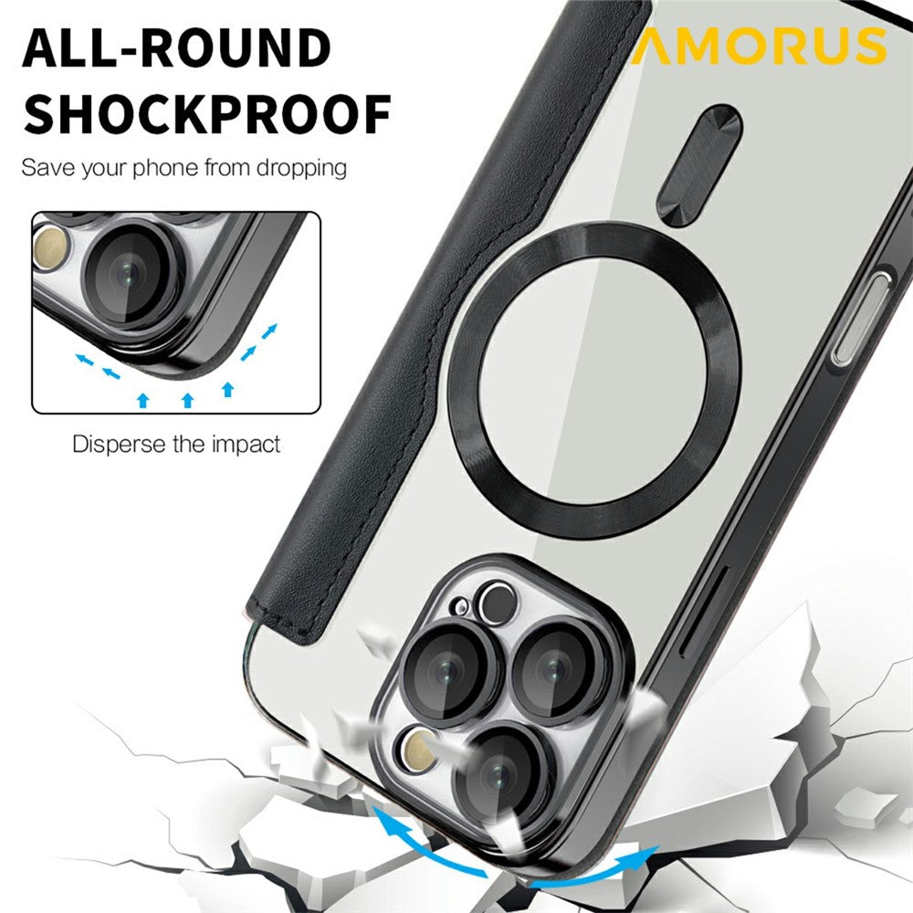 AMORUS For iPhone 16 Pro Max Case Compatible with MagSafe RFID Blocking Card Holder Leather Phone Cover