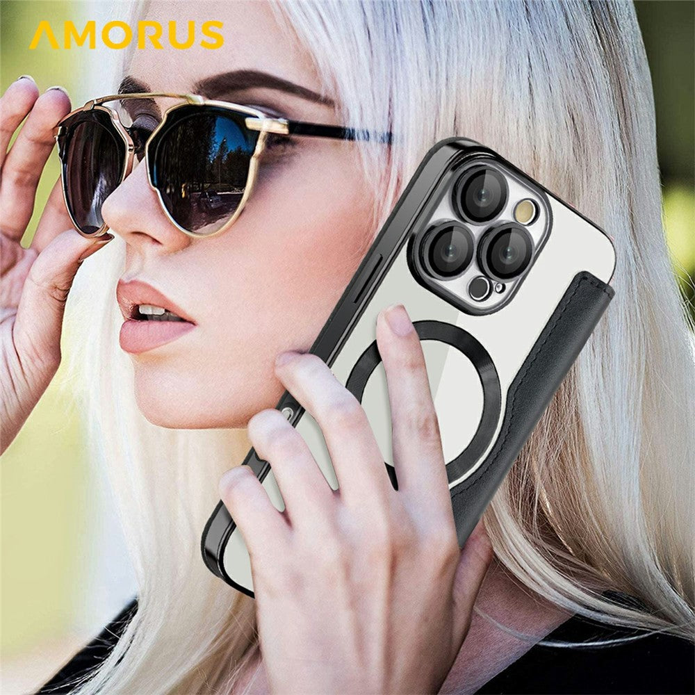 AMORUS For iPhone 16 Pro Max Case Compatible with MagSafe RFID Blocking Card Holder Leather Phone Cover