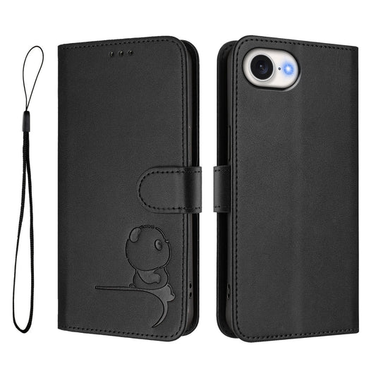For iPhone 17e / 16e Case Panda Imprint RFID Blocking Wallet Leather Phone Cover with Wrist Strap