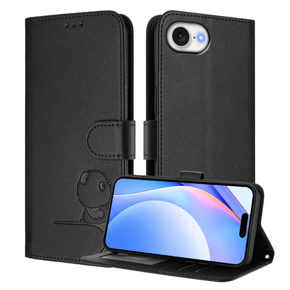 For iPhone 17e / 16e Case Panda Imprint RFID Blocking Wallet Leather Phone Cover with Wrist Strap